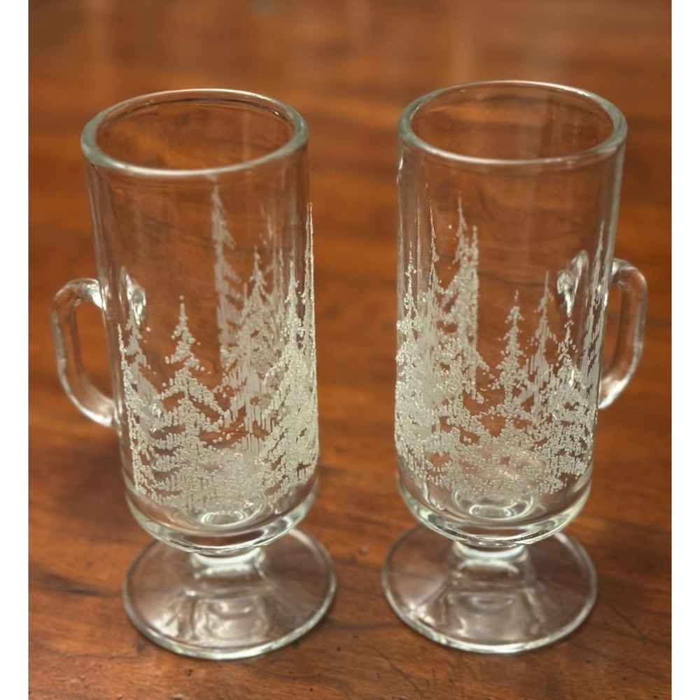 Set Of 2 Libbey Frosty Pines Irish Coffee Mugs 8oz Christmas Holiday
